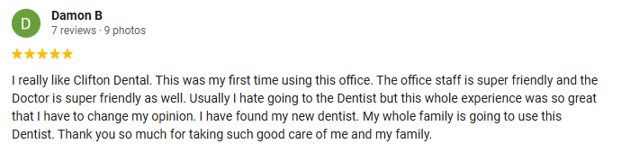 5 Star Review From Damon B Praising Clifton Dental Care In A Rounded Box